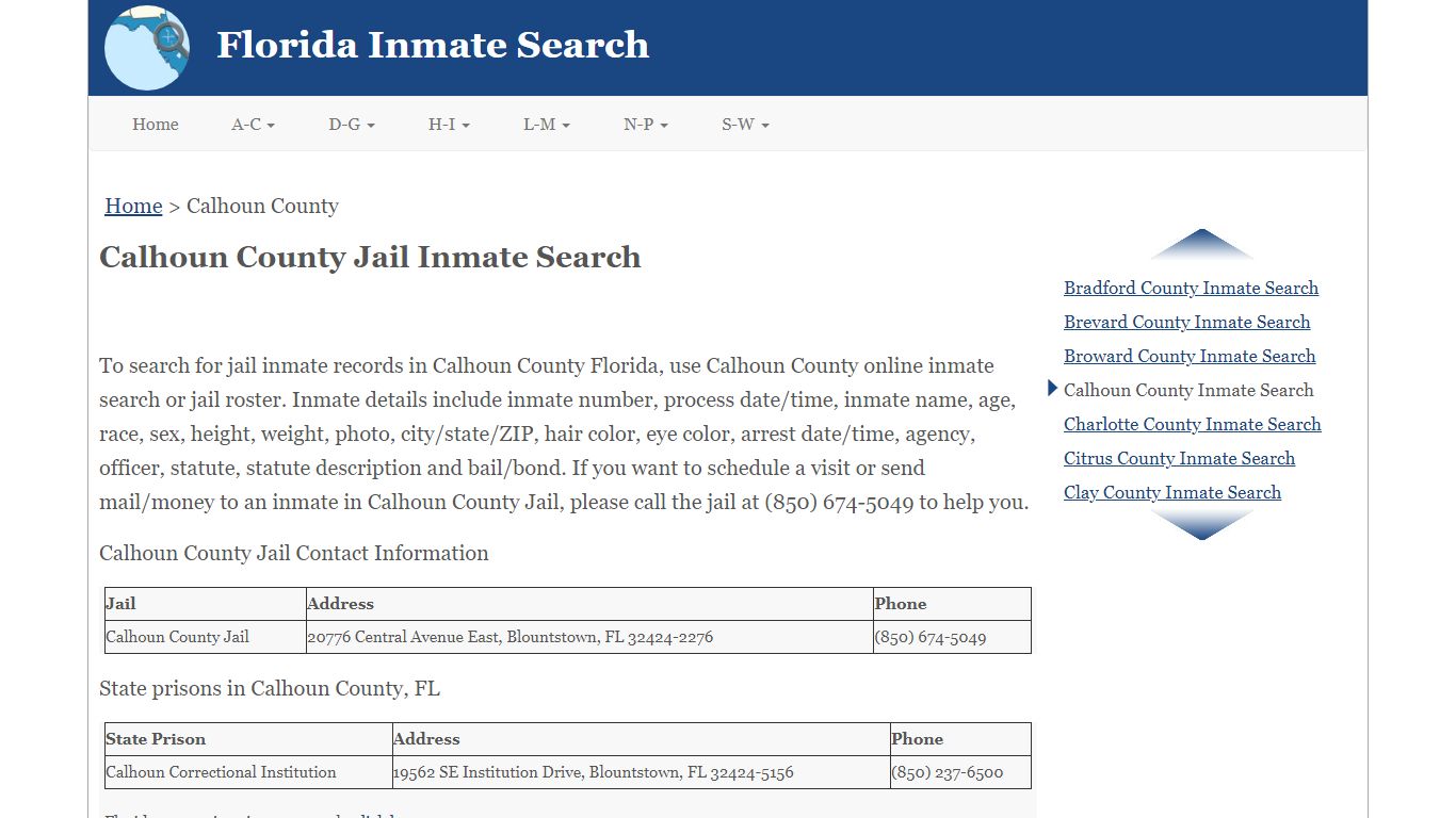 Calhoun County FL Jail Inmate Search